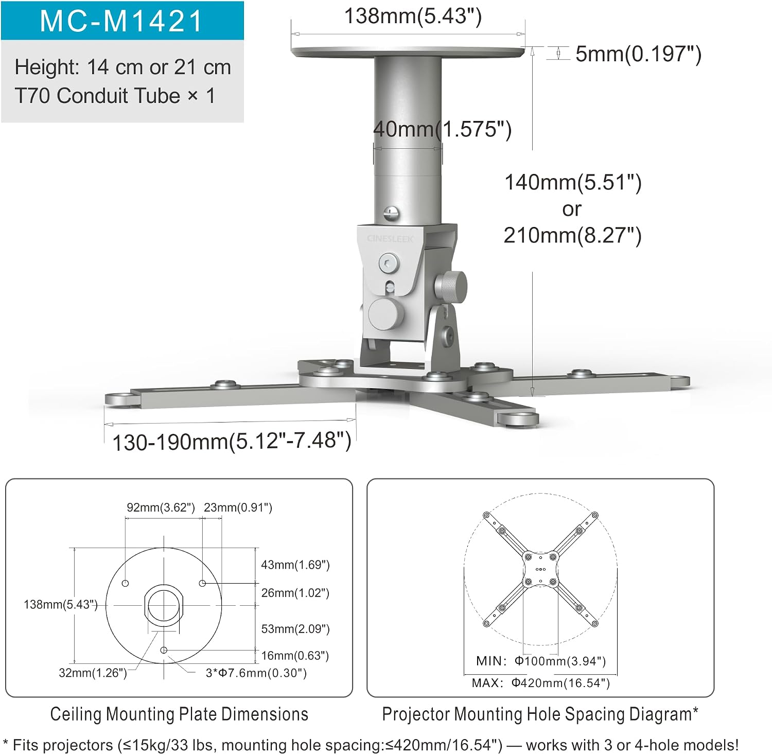 Projector Ceiling Mount, 5.5/8" Height, 33 lbs Max, Black, M1421 | Connectable Extension Tube，Max 16.5" Mount Pattern, 360° Rotation, ±30° Tilt, Knob Fine Tuning,Aluminum Alloy Bracket