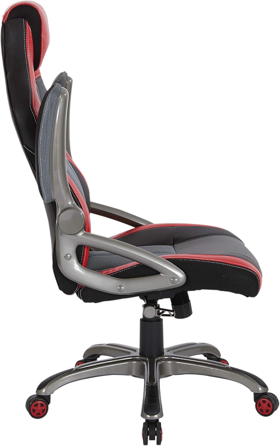 OSP Home Furnishings Race Car Adjustable Gaming Chair, Charcoal Grey Bonded Leather with Red Accents
