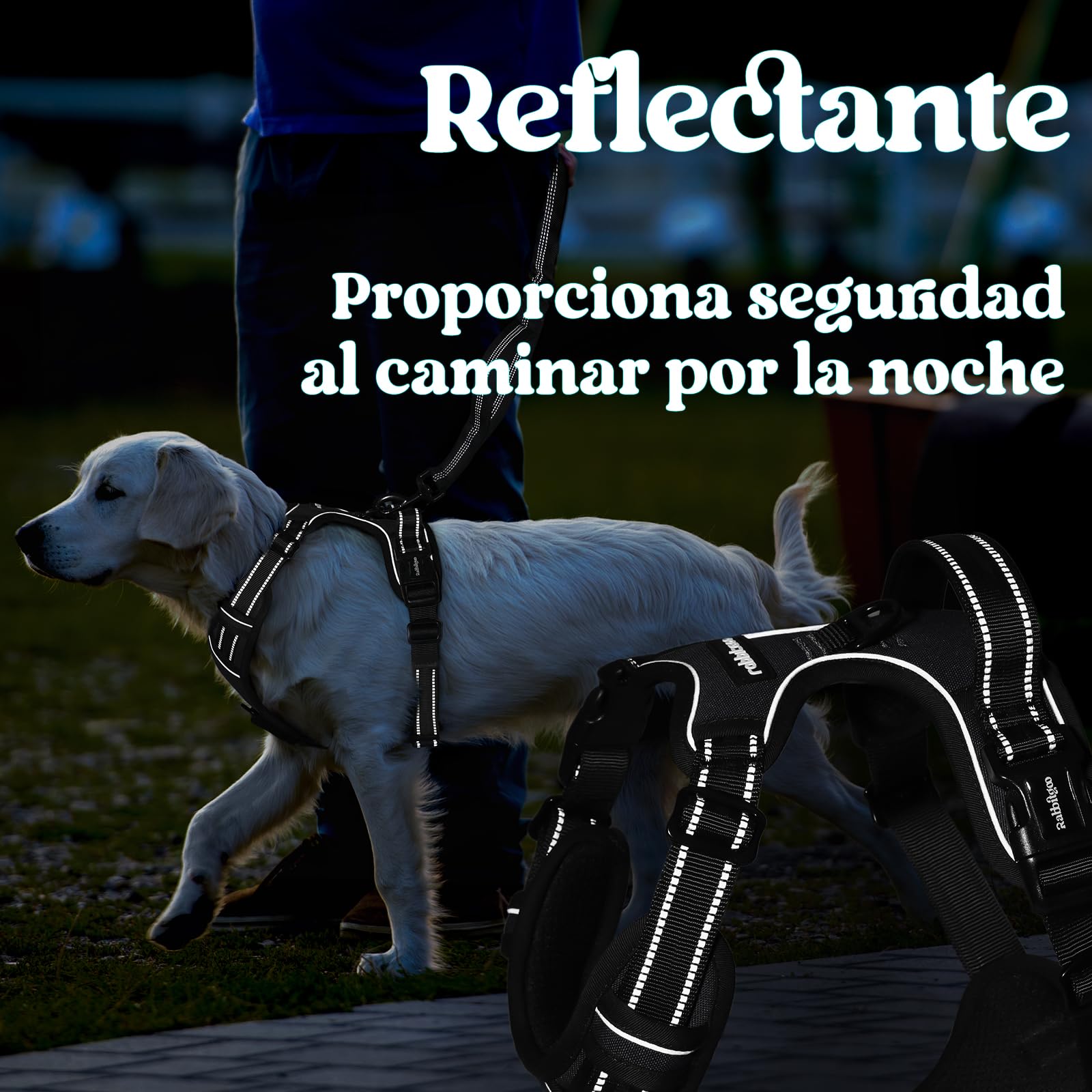 rabbitgoo Arnes Perro Mediano con 3 Hebillas, Liberacion del Cuello, Arnes Perro Ajustable con Asa y Clip Frontal, Arnés Antitirones para Perros Reflectante para Adiestramiento Correr, Negro, L
