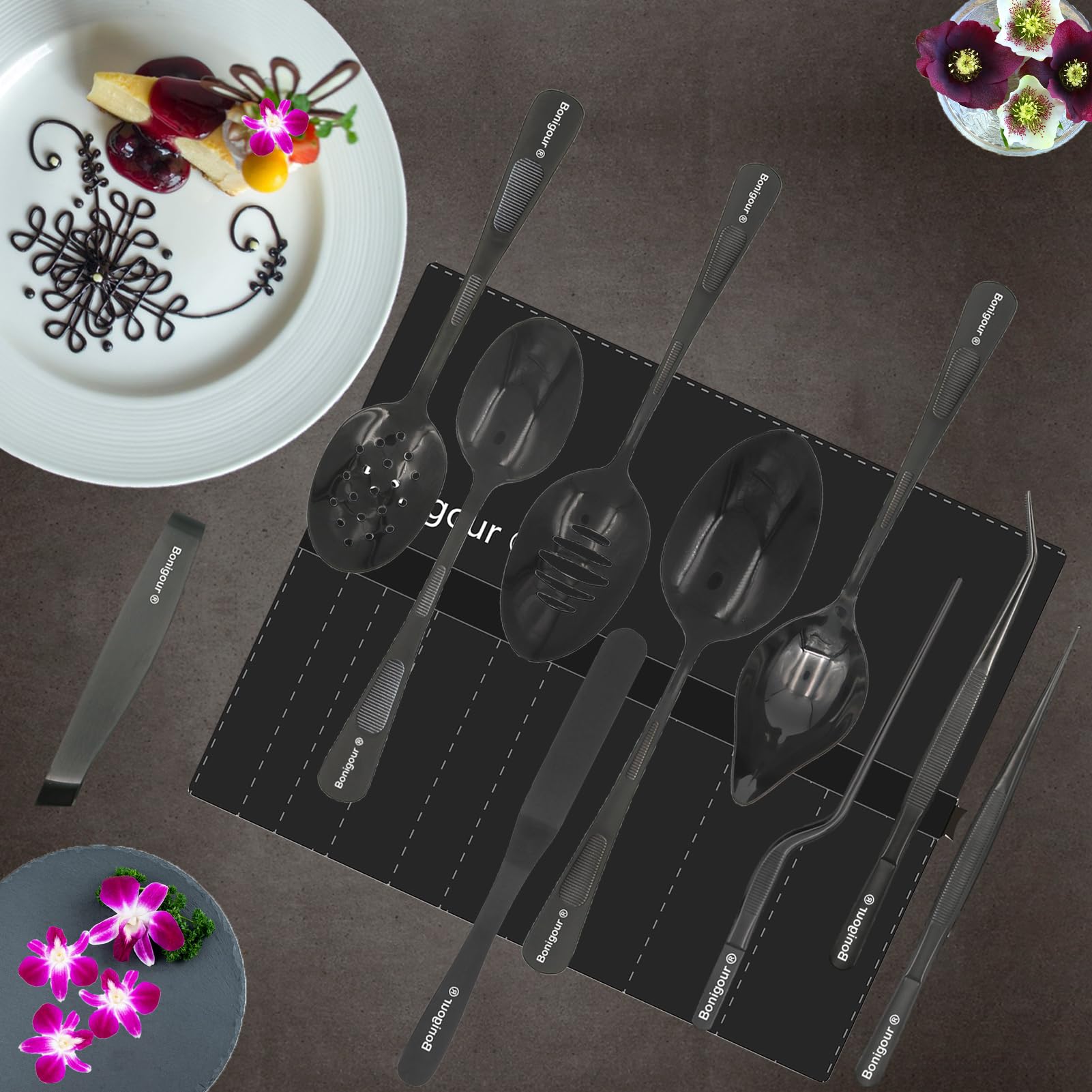 Bonigour | Plating Tools Culinary Set | 11 Piece Professional Chef Plating Tools Pro Kit | Kitchen Plating Utensils | Modernist Cuisine Food Art | Stainless Steel | Black