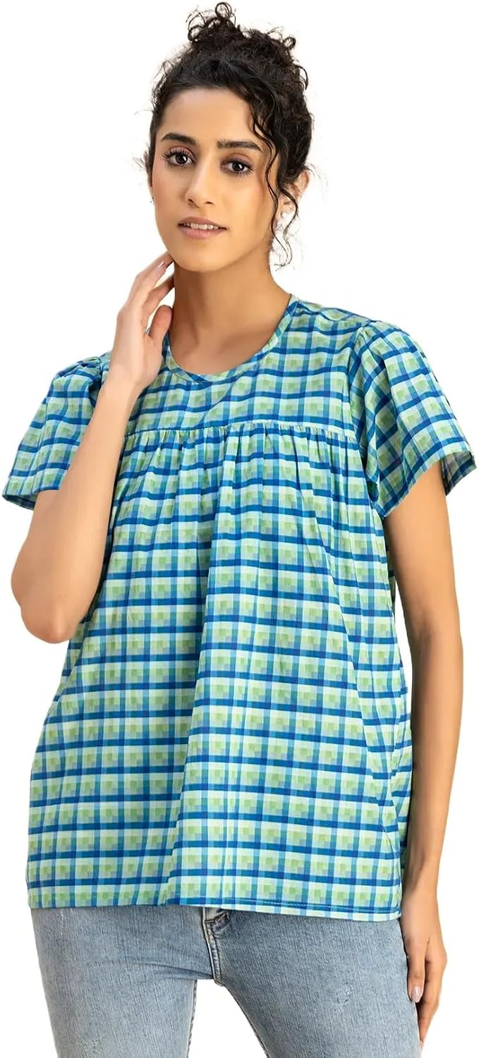 Moomaya Top Estivo Donna In Cotone Stampato Con Scollo A V E Bottoni - Leggero A Maniche Corte