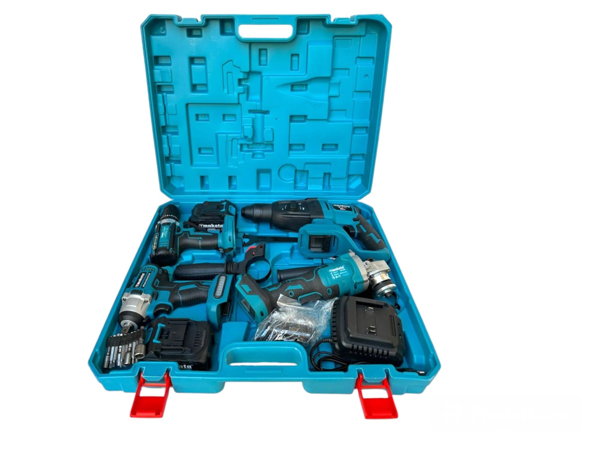 Kit 4 in 1 Trapano Avvitatore con Percussione + Flex Smerigliatrice Angolare + Svitabulloni Avvitatore impulsi + Martello Tassellatore SDS-PLUS Due Batterie da 68V Motore Brushless e Valigetta