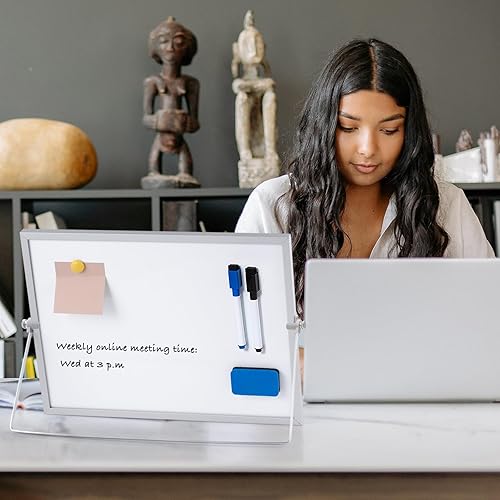 Miniatura 7 de ARCOBIS Pizarra blanca de borrado en seco con soporte, pizarra blanca semanal de doble cara de 12 x 16 pulgadas, 10 marcadores, 4 imanes, 1