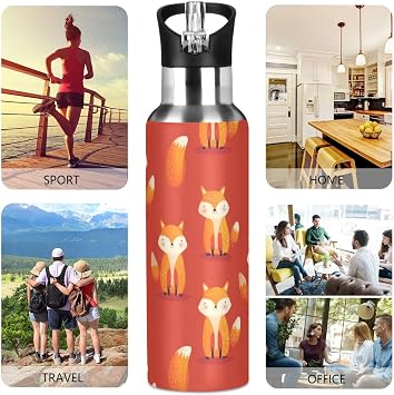 Kcldeci 20oz Vacuum Double Wall Sports Water Bottle Fox on Red Insulated Stainless Steel Water Bottle with Straw for Sports, Travel, Office Use