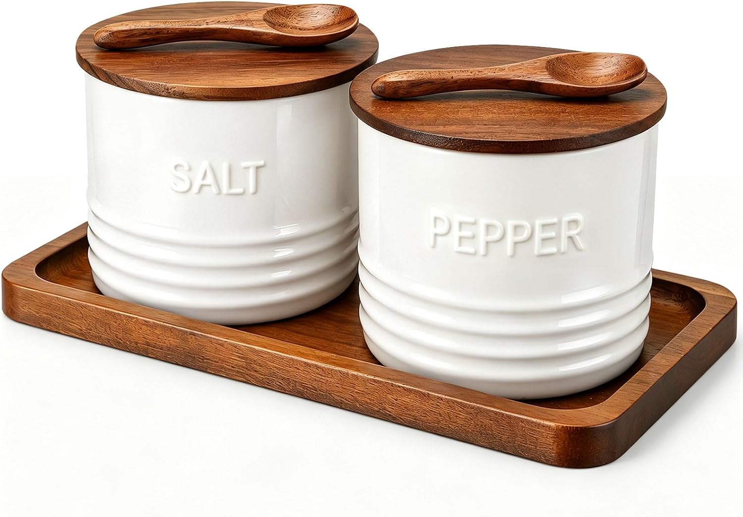 FoldTier 2 Set Ceramic Salt and Pepper Cellar with Lid Spoon, White, Acacia