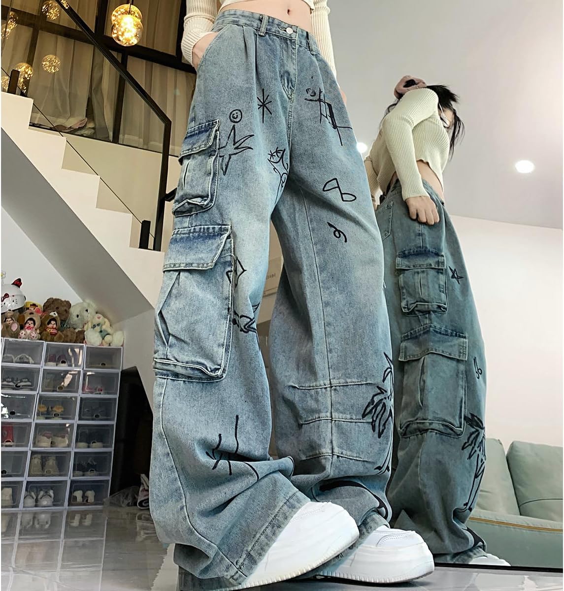 Y2K Fashion Straight High Waisted Wide Leg Jeans Casual Gradual Graffiti Patchwork Baggy Denim Pants - Image 5