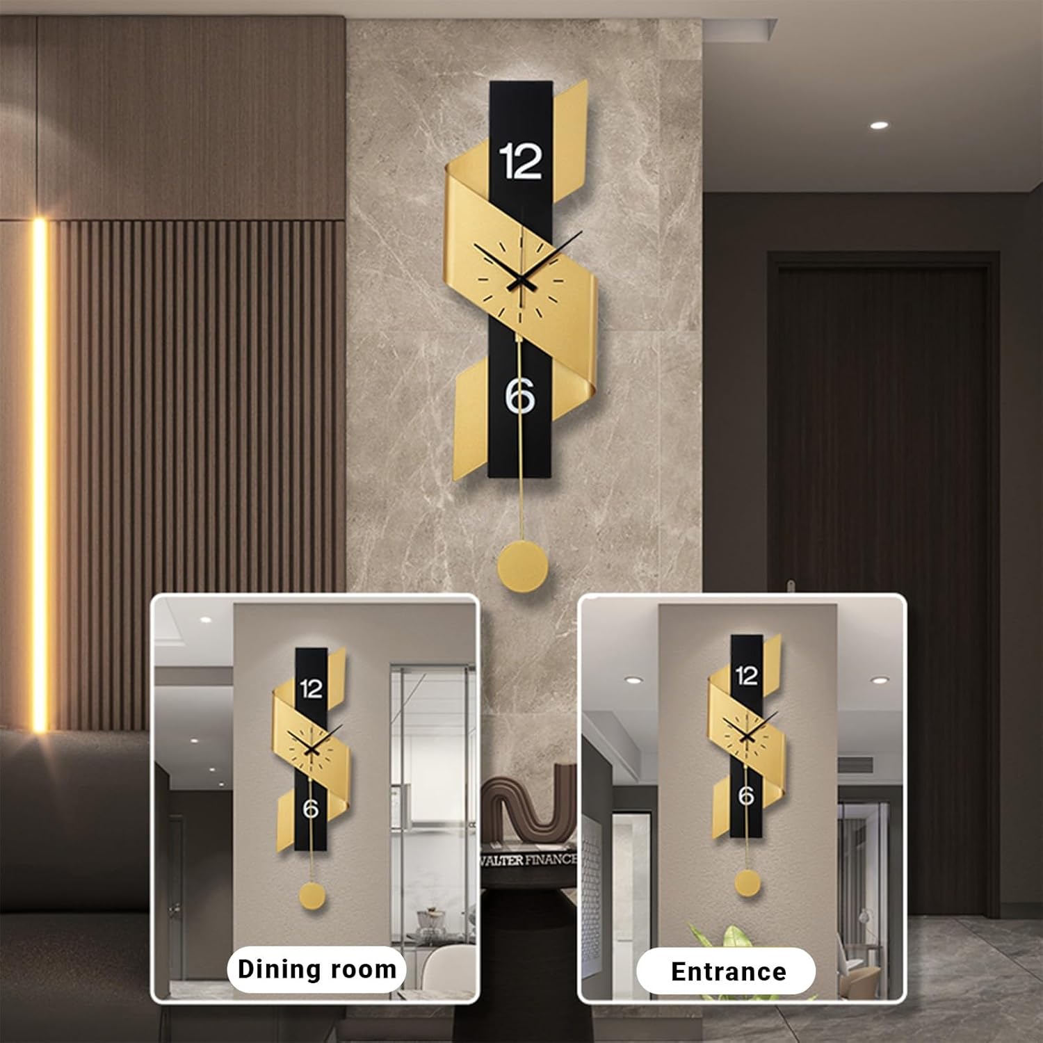 Classic Style Entrance Decorative Wall Clock,Creative Silent Wall Clocks for Living Room,Metal Decoration with Pendulum,for Living Room Bedroom Dining Room,Battery Operated