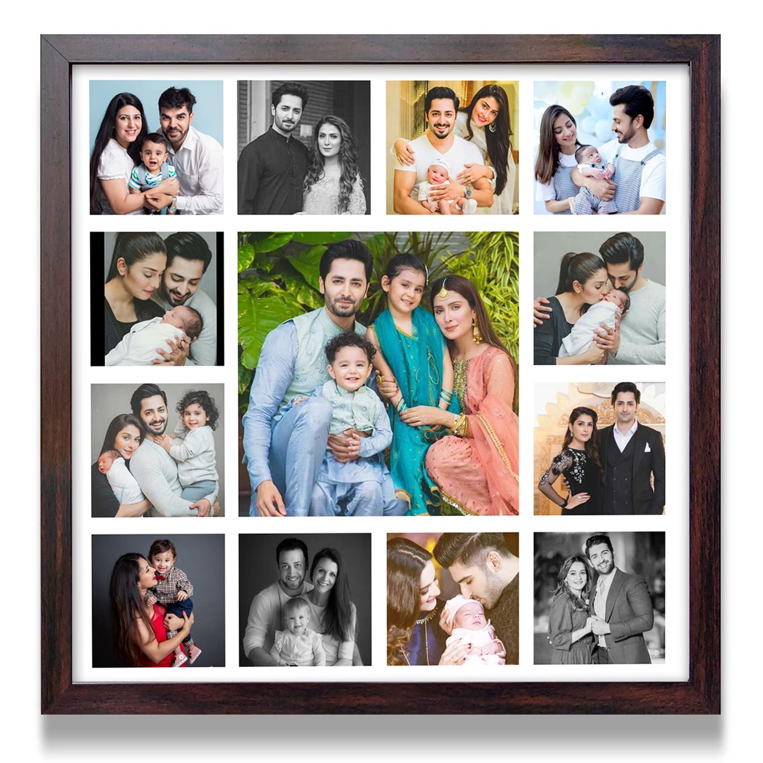 Pixelkari Personalised Photo Collage Frames for Wall Decor, 13x13 Inches, Brown Frame-image-47