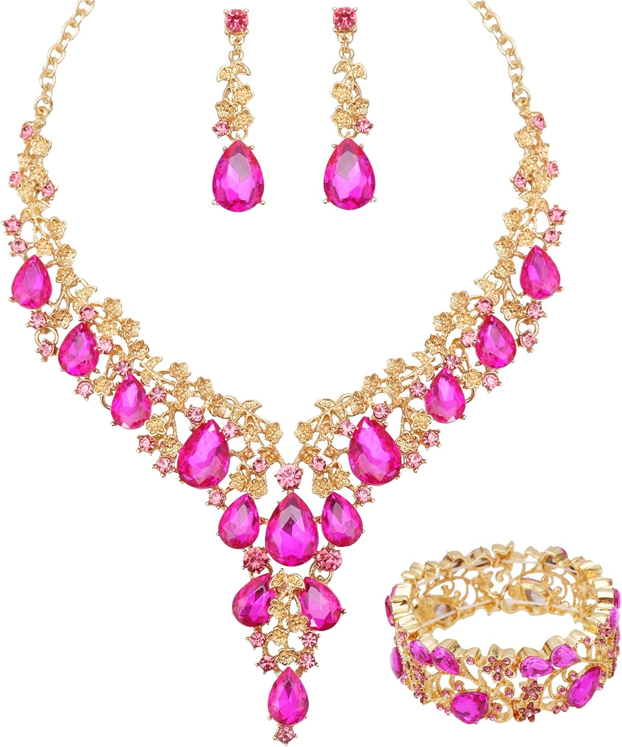 CSY Elegant Crystal Costume Jewelry Sets Flower Bridal Necklace Earrings Stretch Bangle Set for Bride Bridesmaid Wedding Dress Accessories