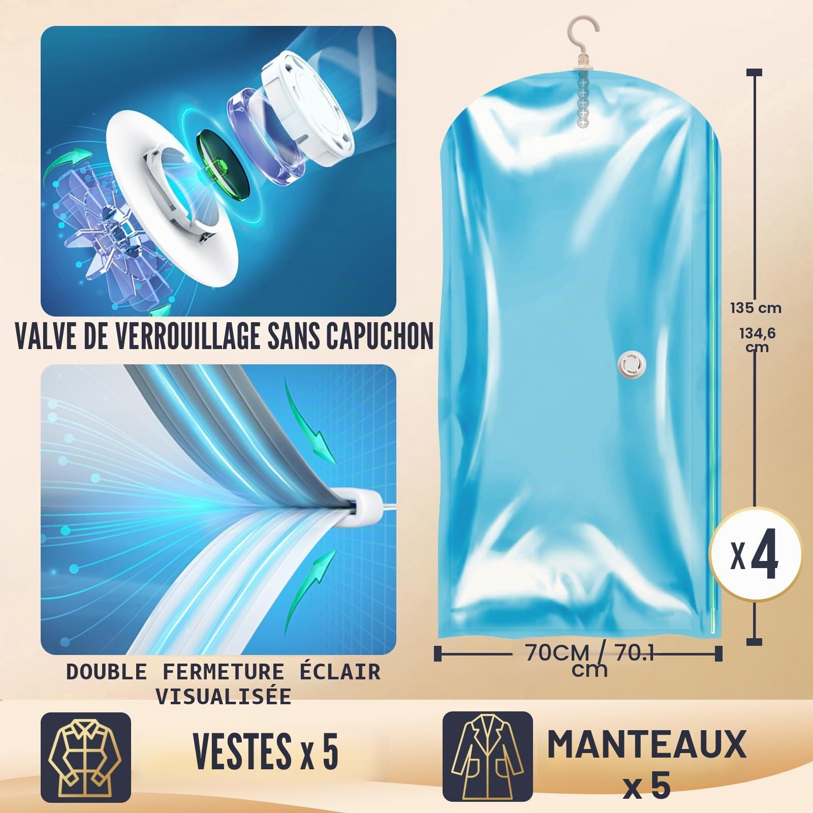 TAILI Sacs de Rangement sous Vide Suspendus pour vêtements, Housse sous Vide pour costumes, manteaux, vestes, Economisez 80% d'espace organisateur de placard Sacs à Vide, 4 Jumbo