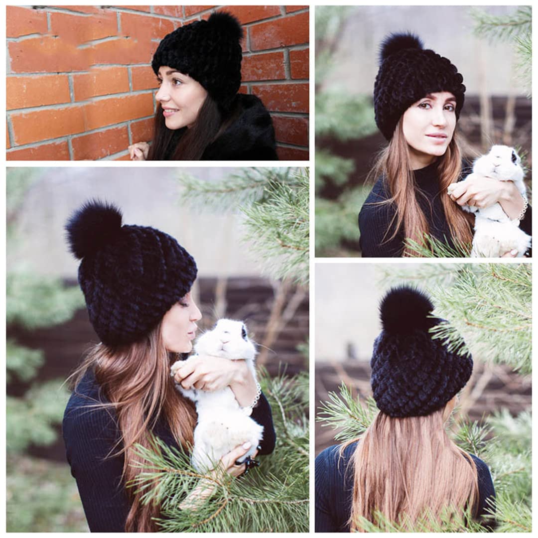 Sombreros de Piel de visón de Invierno para Mujer con pompón Moda Forro de Lana cálido Gorros con Orejeras para Mujer