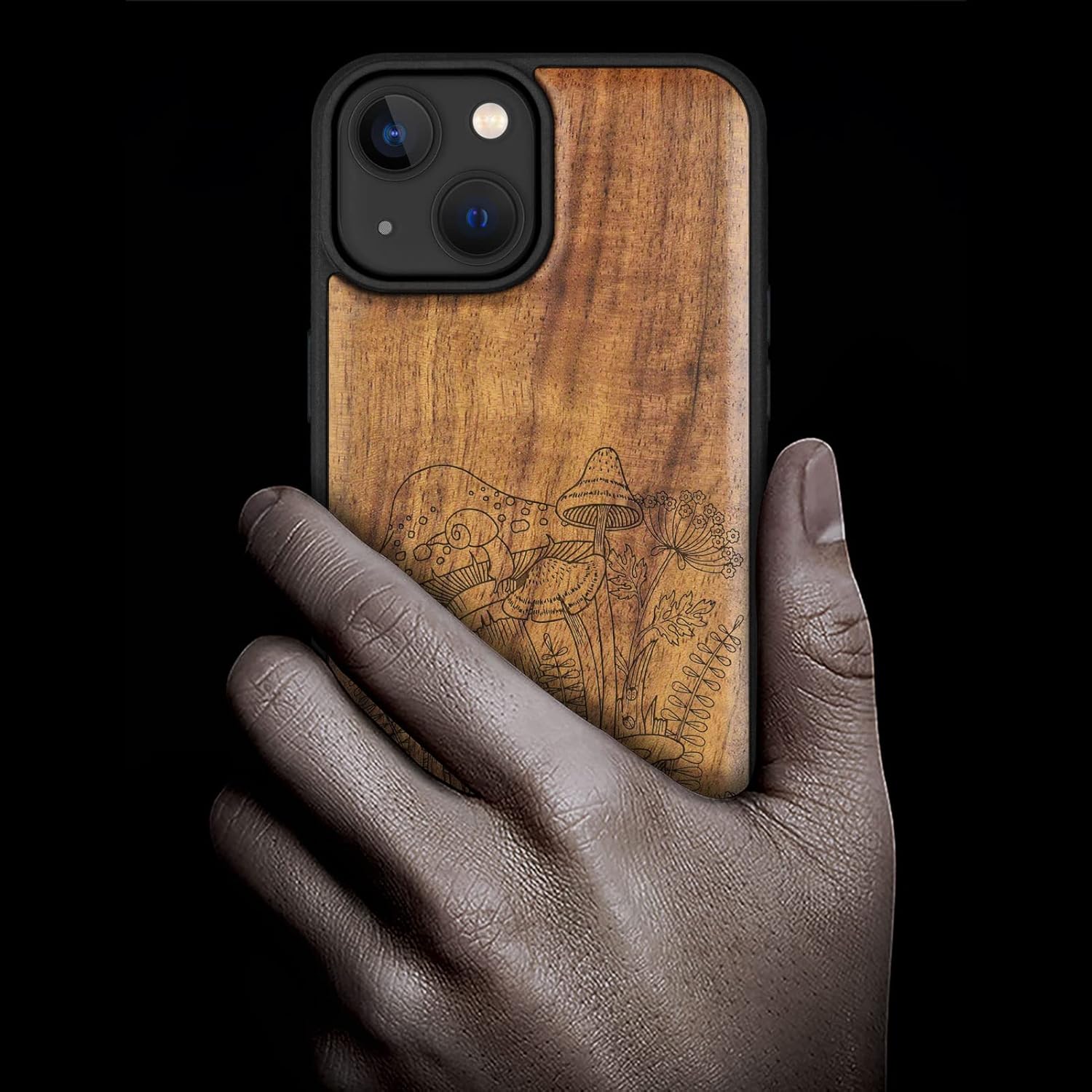 Carveit Magnetic Wood Case for iPhone 14 Case [Natural Wood & Black Soft TPU] Unique & Classy Wooden Shockproof Protective Cover Compatible with magsafe (Vintage Mushrooms -Walnut)