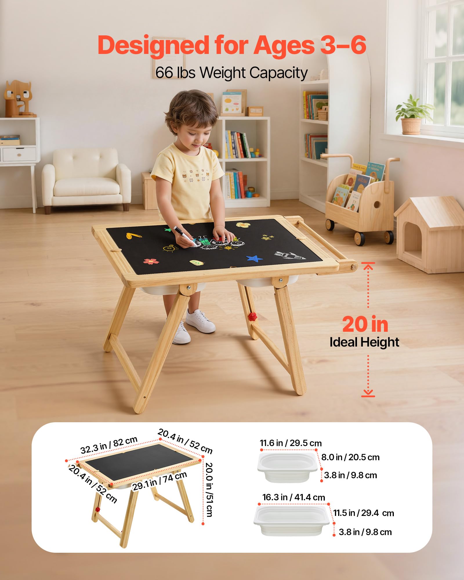 VEVOR Table Sensorielle pour Tout-Petits, Table d'Activité en Bois pour Enfants, Chevalet d'art avec Tableau Double Face, Bacs de Rangement, pour Jeux de Sable et d'eau, Dessin, Apprentissage, Repas