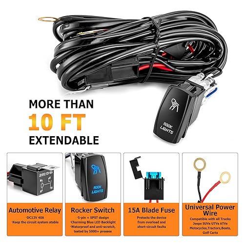 Miniatura 20 de WeiSen Arnés de cableado para señal de giro UTV con interruptor basculante, fusible de relé intermitente, 20 AWG 2 cables 12V/24V, kit de cableado