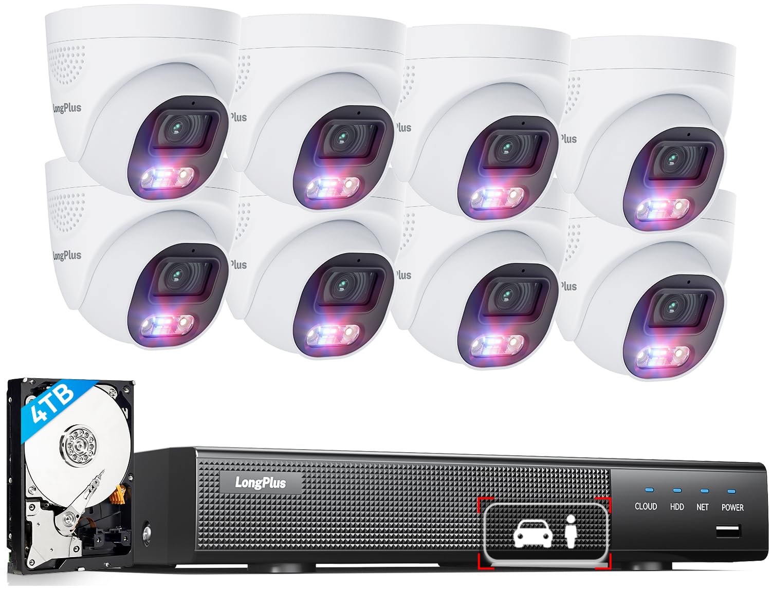 LongPlus 4K PoE Security Camera System, 12MP H.265+ 16CH NVR with 4TB HDD for 24-7 Recording, 8pcs Wired Home Security Camera System, Person Vehicle