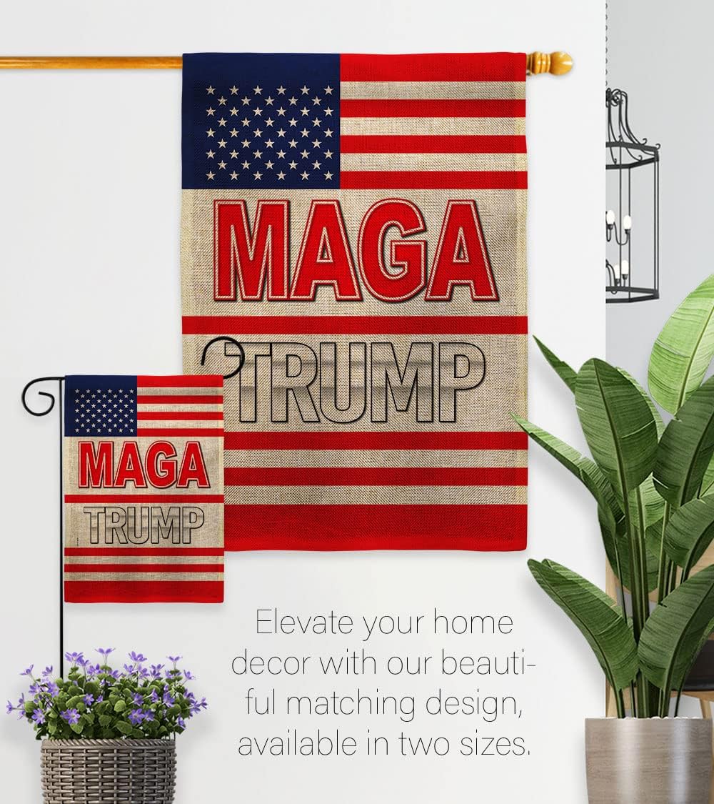 MAGA Trump Burlap Garden Flag - Set Wall Holder Patriotic 2024 President Republican Party United States American Election - House Banner Small Yard Gift Double-Sided Made in USA 13 X 18.5