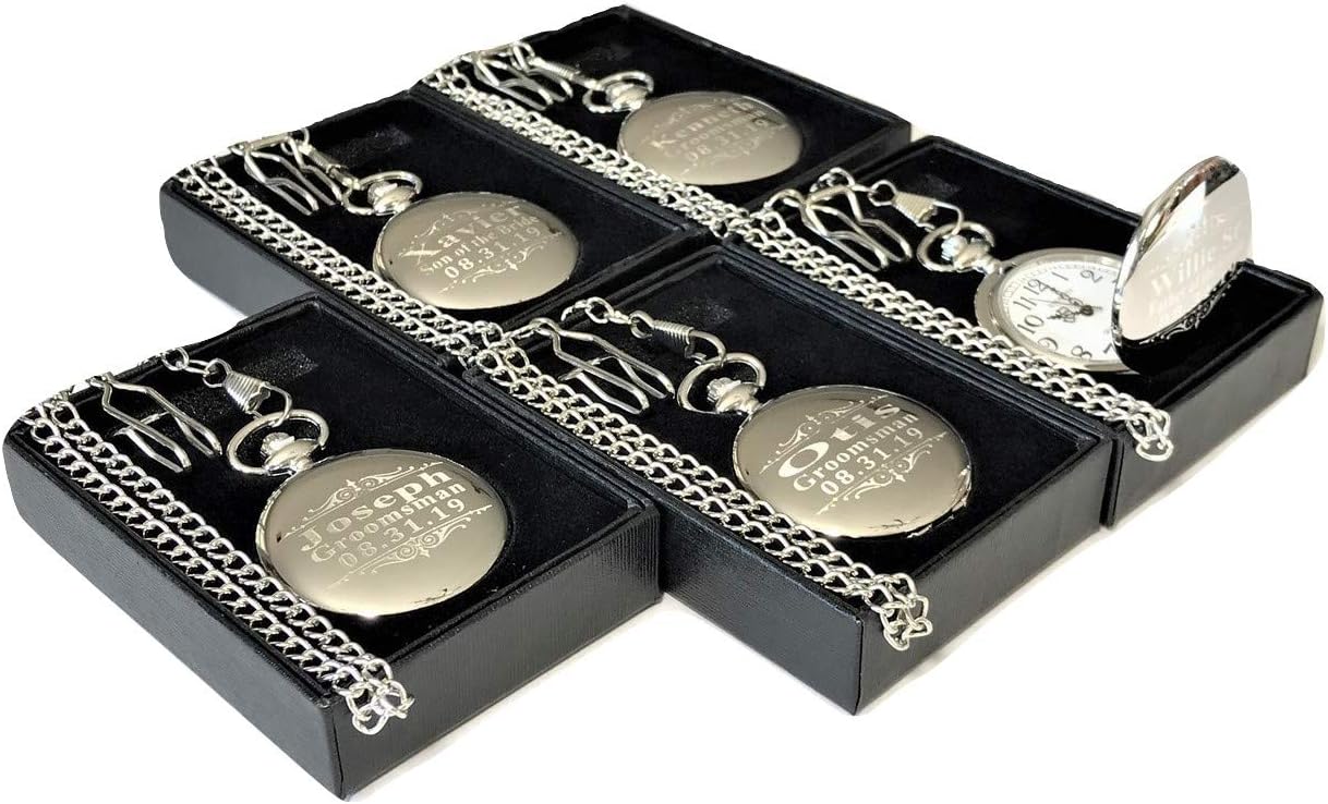 5 Pocket Watch Set, Silver Groomsmen Wedding Gift Set of 5 Pocket Watches. Boxes, Engraving and Chains Included.