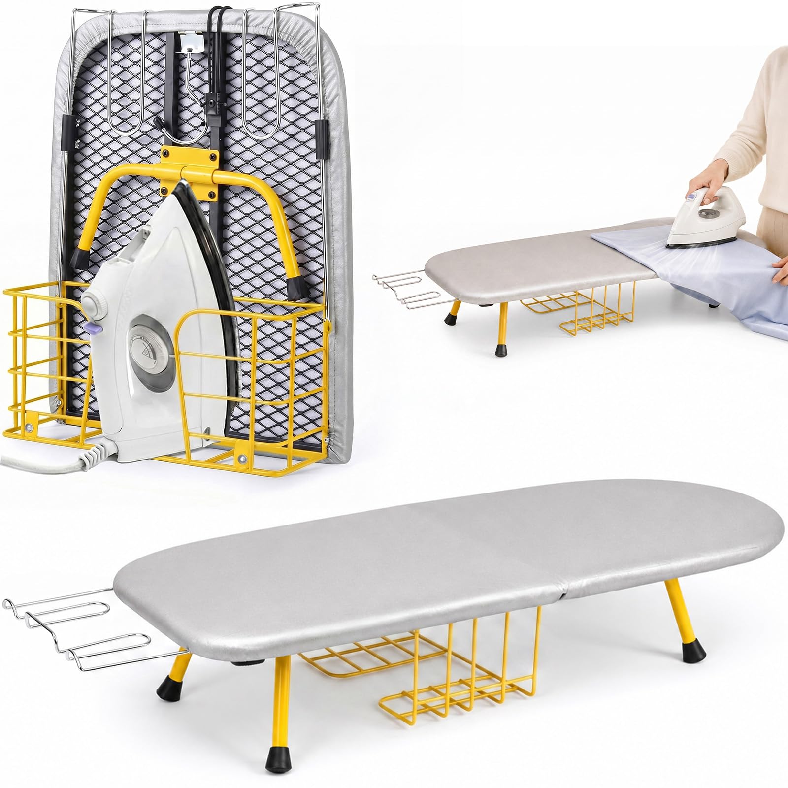 Tabla de planchar plegable – Tabla de planchar de mesa de 32 x 11 pulgadas, con bandeja para plancha, con cubierta resistente al calor y pies antideslizantes, diseño que ahorra espacio para un