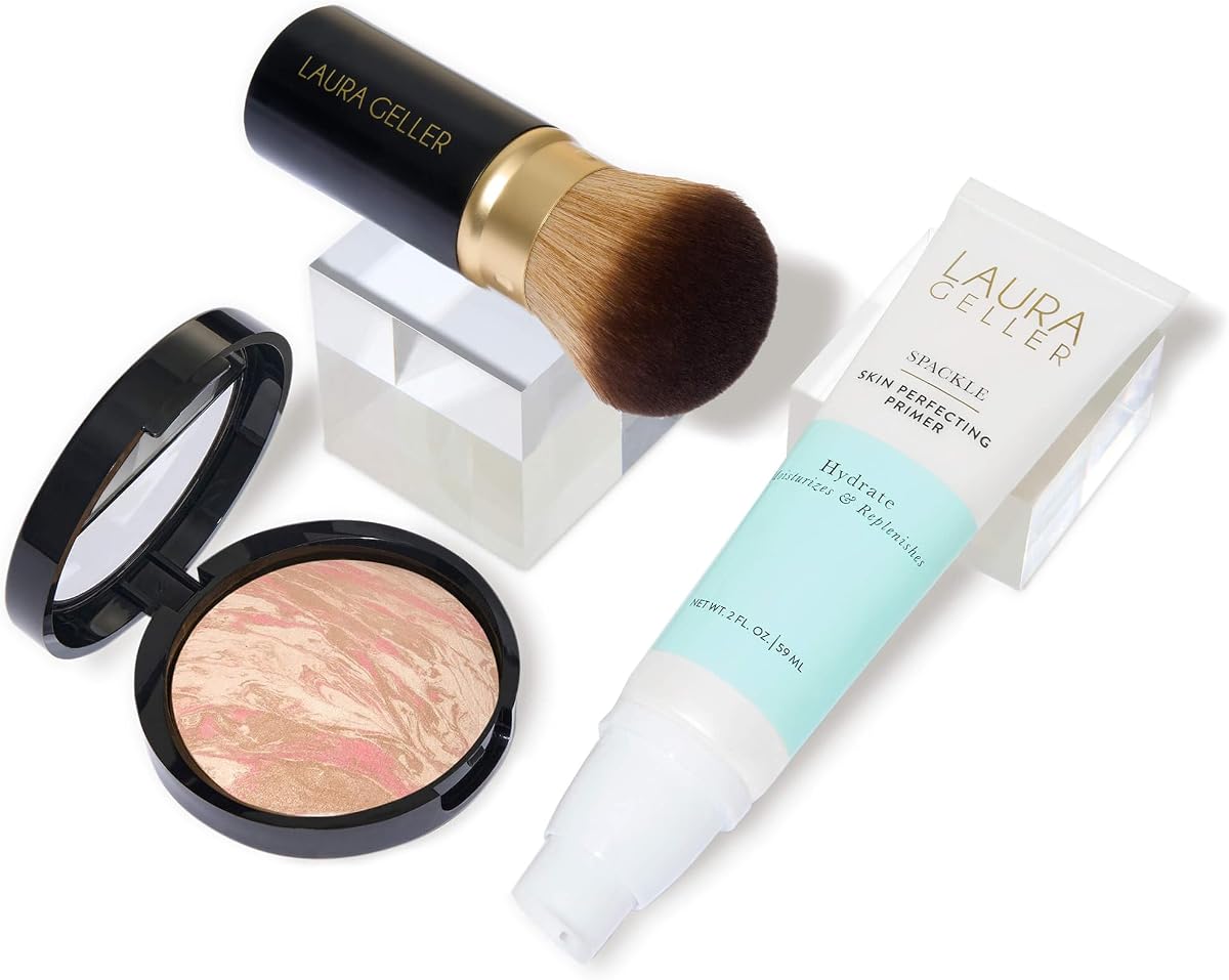LAURA GELLER NEW YORK Laura's Must-Haves Kit de 3 piezas: base en polvo Baked Balance-n-Brighten, porcelana + base de maquillaje para perfeccionar la piel Spackle, hidratación + brocha Kabuki redonda con aerógrafo