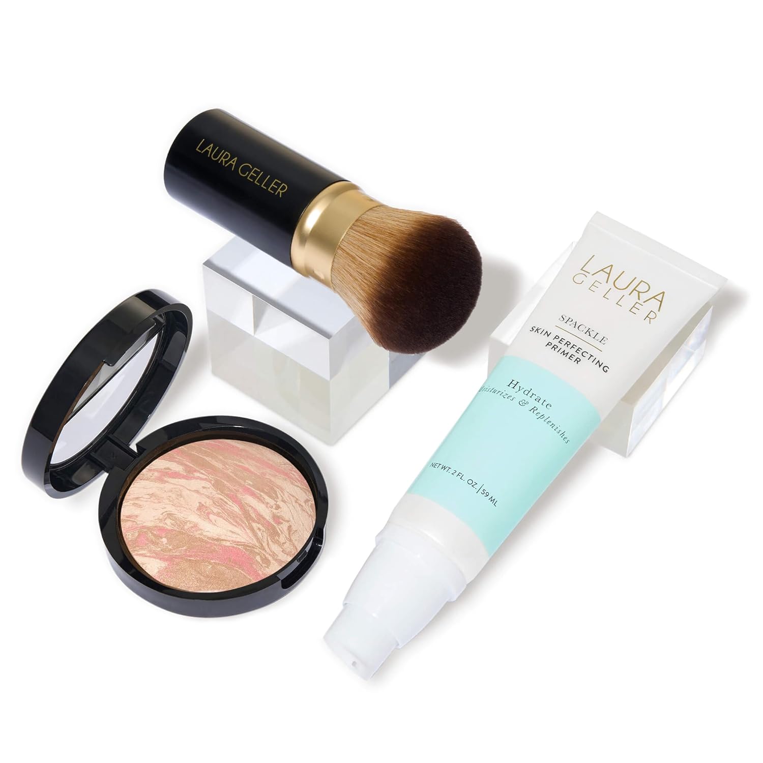 LAURA GELLER NEW YORK Laura's Must-Haves Kit 3pc: Baked Balance-n-Brighten Powder Foundation, Porcelain + Spackle Skin Perfecting Makeup Primer, Hydrate + Airbrush Round Kabuki Brush