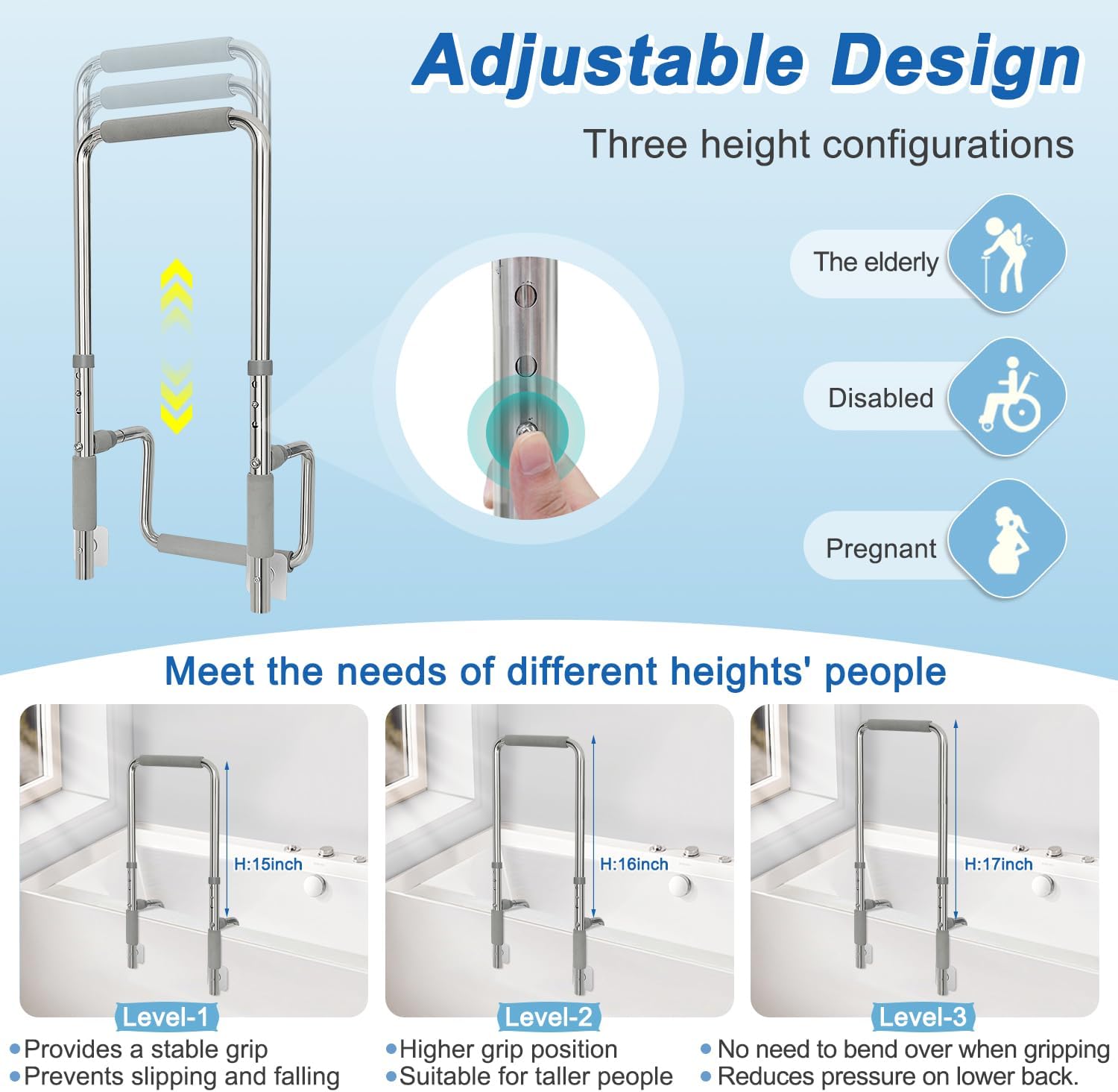 Bath Tub Handles for Seniors Shower Rails Elderly Adults Safety, Bathtub Clamp Grab Bars Helper No Drill, Handicap Bathroom Tub Support Bar Assist Devices, Help Getting Out of Bathtub