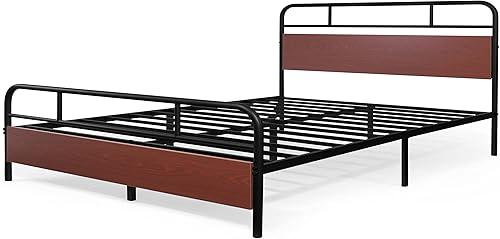 Miniatura 7 de Fencer Wire Marco de cama de metal de esquina redonda con cabecera y estribo de madera modernos, base de colchón, plataforma de metal con marco de