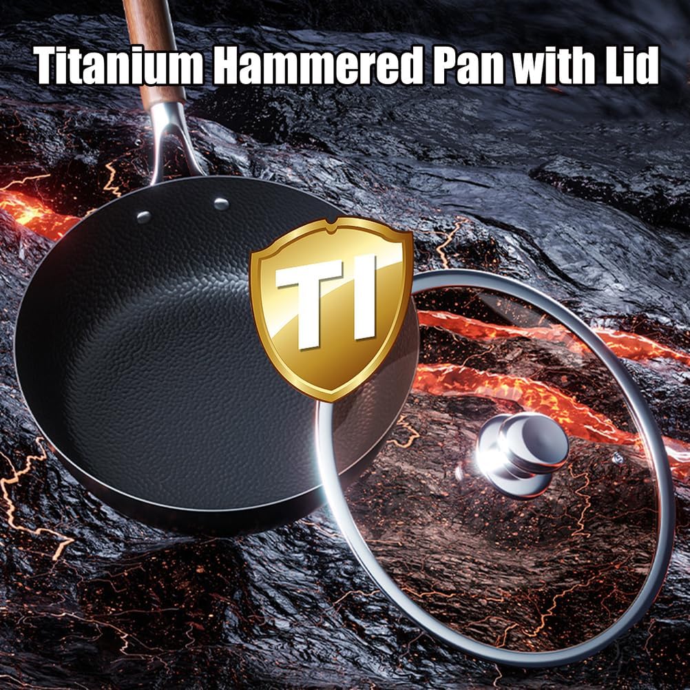 Titanium Hammered Pan Pro with Lid, Multifunctional Ultra-Durable Scratch-Resistant Non Stick,Even Heating for Cooking with All Cooktops,9.45IN