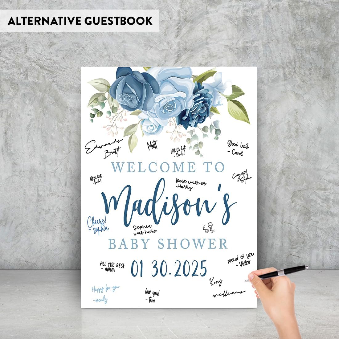 Andaz Press Personalized Large Canvas Baby Shower Welcome Sign, 16 x 20 Inches, Minimal Navy and Baby Blue Roses, Guestbook Alternative, Custom Baby Shower Sign, for Floral Baby Shower, Baby Sprinkle