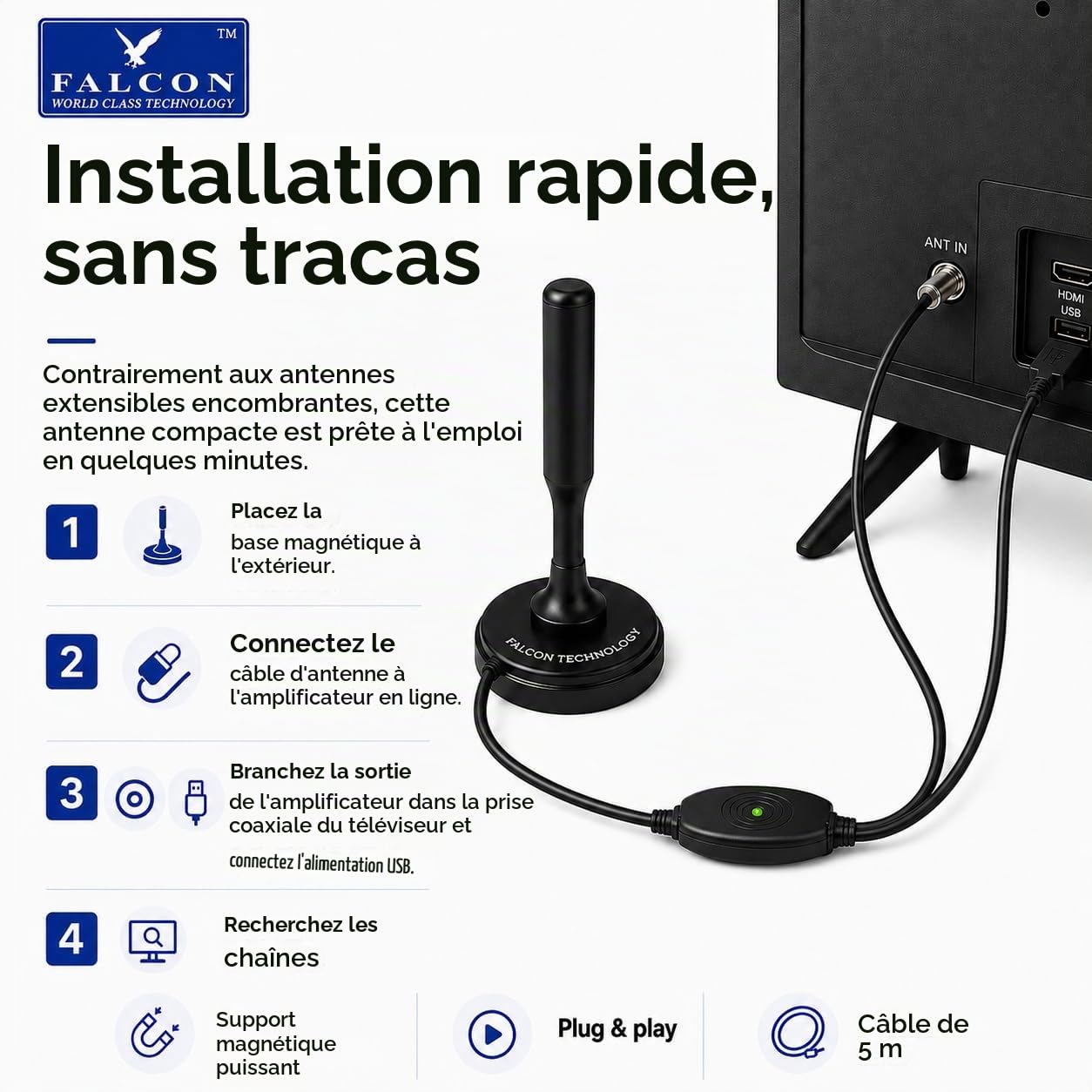 Falcon - Antenne DTV portable amplifiée avec support magnétique pour caravane et camping-car (amplifiée)