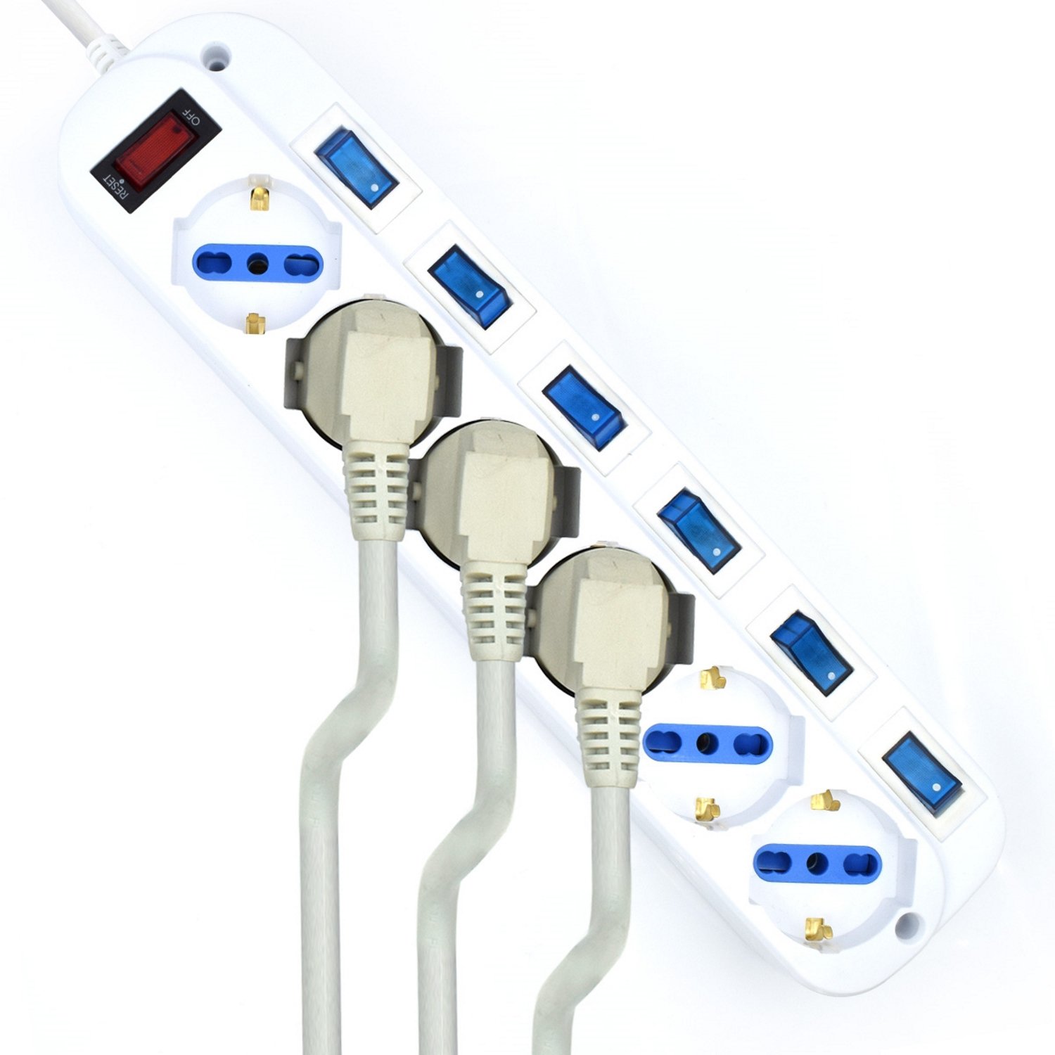 Multipresa a 6 Posti, Ciabatta Elettrica con 6 Prese Italiane e Schuko/Tedesche - Spina Schuko/Tedesca- Potenza 250V/2500W - Cavo da 3 Metri, Prese Angolate a 45° (Confezione da 2)