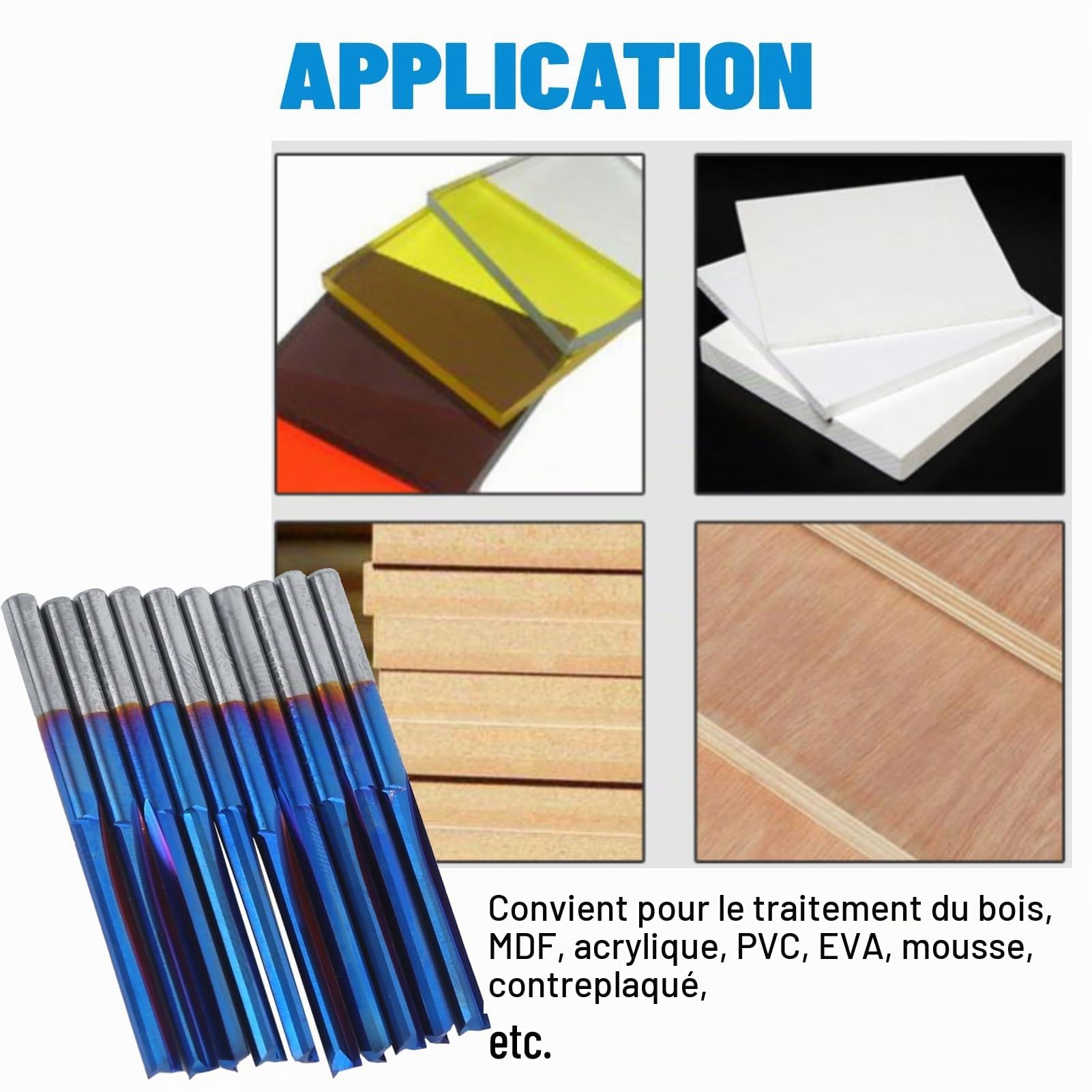 10pcs 3.175mm Fraise à Bouts Nano à Revêtement Bleu Outil de Fraisage de Poignée CNC pour EVA Mousse Contreplaque et Carbure Cémenté