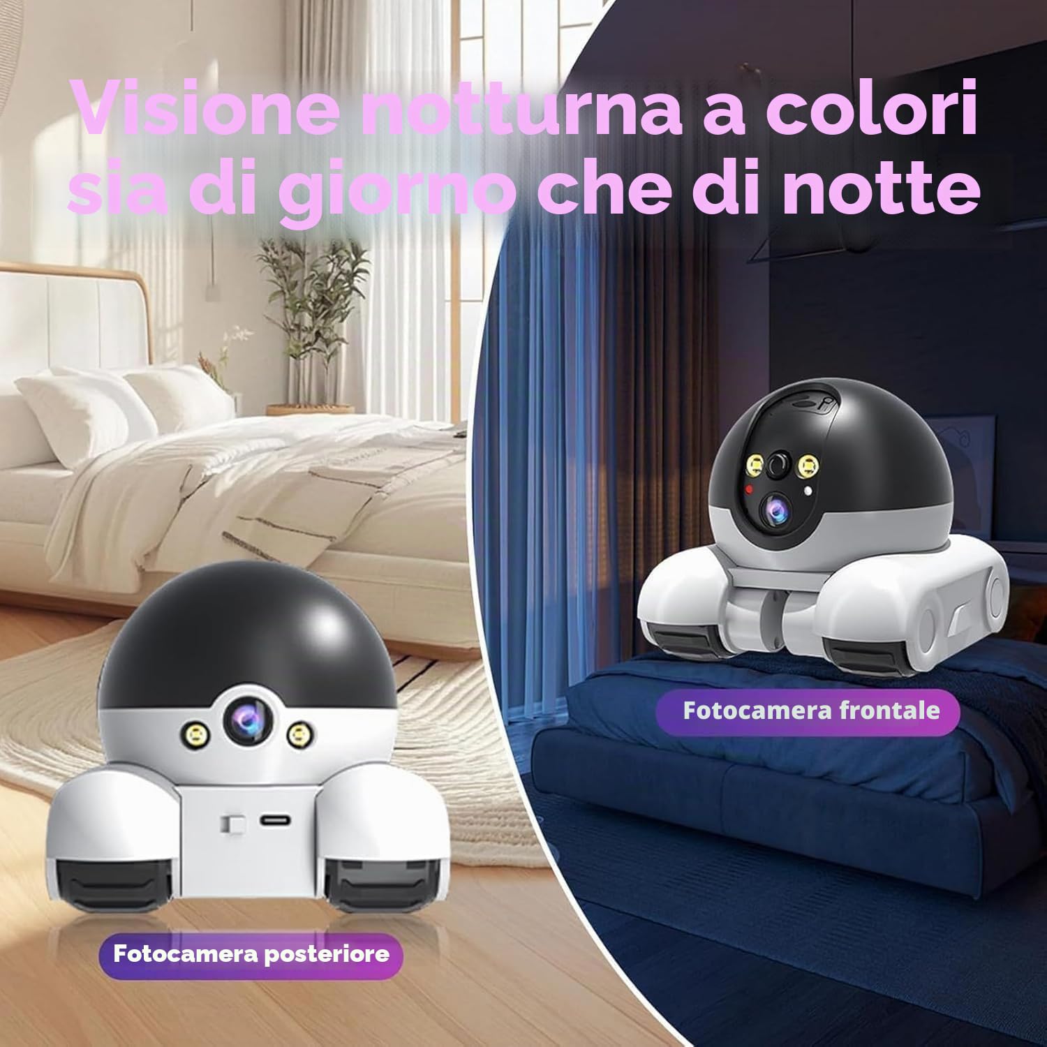 Robot con Telecamera per Animali Domestici, Telecamera di Sicurezza Robot Wi-Fi con Ruote 1080P Doppio Obiettivo Controllo Remoto per Casa Lavoro Animali Domestici, Scheda da 64G Inclusa