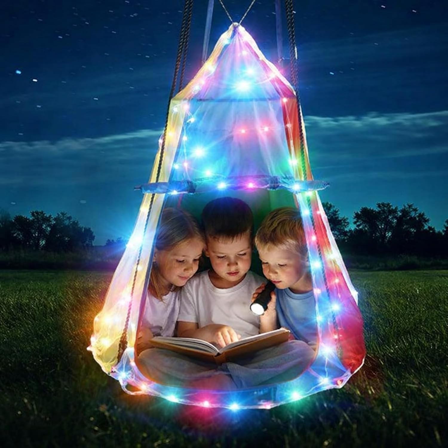 Liliful 39 Inch Kids Hanging Tent Saucer Swing with LED Lights, 600 LBS Capacity Outdoor Saucer Tree Swing, Detachable Tree Swing Tent for Kids Adults Indoor Outdoor Backyard