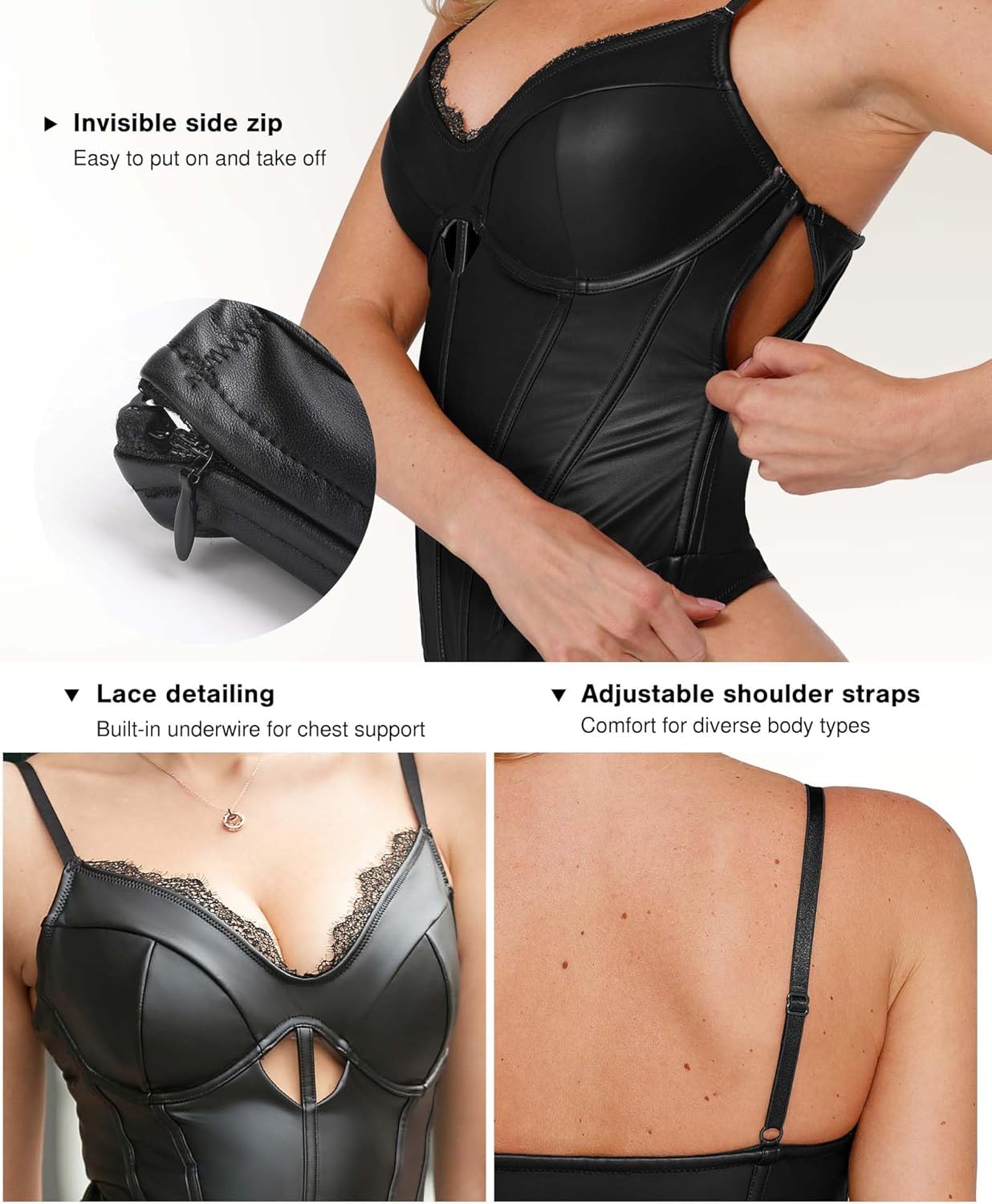 Popilush Body Suits for Womens Faux Leather Lace V Neck Shapewear Tummy Control Sleeveless Thong Corset Bodysuits - Image 3