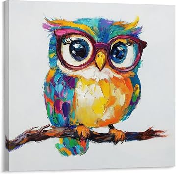 Vendhui Colorful Owl Wearing Glasses Canvas Wall Art Modern Prints Poster Picture for Bedroom Farmhouse Decor 16x16inch40x40cm Frame