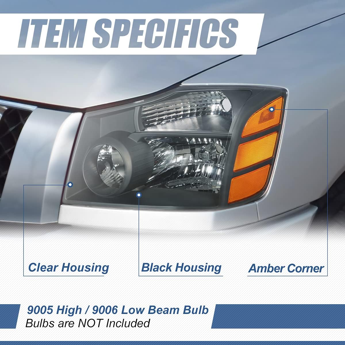 Auto Dynasty Halogen Model Factory Style Headlights Assembly Compatible with Nissan Titan Armada 04-15, Driver and Passenger Side, Black Housing Amber Corner