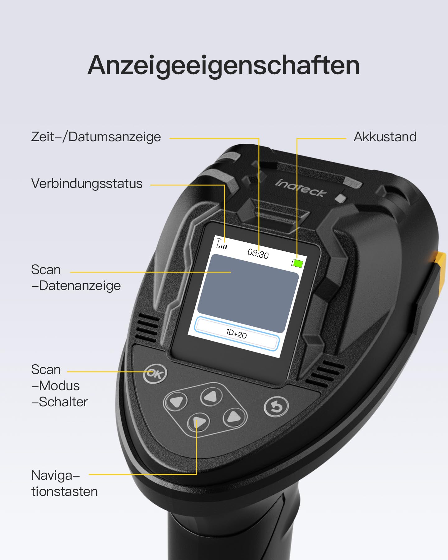 Inateck Barcode Scanner Bluetooth, 2D 1D Wireless Handheld Scanner, QR Code Scanner, mit Screen und Smart Base, CMOS CCD Dual Module, Größere Reichweite, Unterstützt App SDK, P8 SE