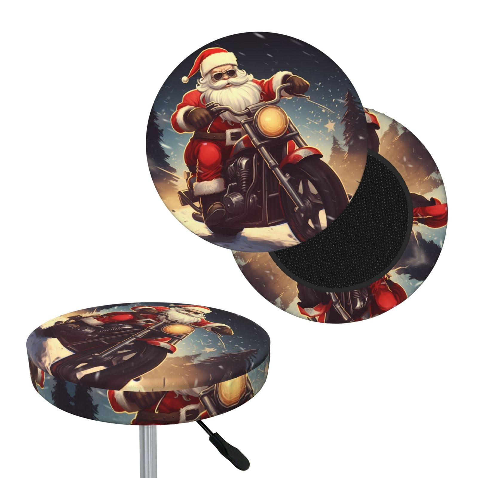 FodPand Santa Claus Biker Riding Bar Stool Cover Round Elastic Stool Cushion Covers Washable Bar Stool Chair Slipcover Stretch Stool Seat Covers for 12-14 Inch Chair