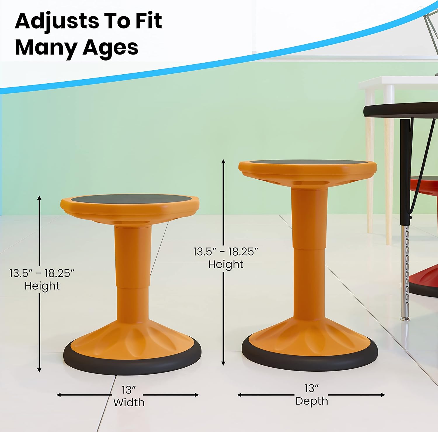EMMA + OLIVER Saylor Active Motion Stool for Kids - Orange Polypropylene Construction - Non-Slip Weighted Rubber Bottom - Pneumatic Seat Height Adjustment