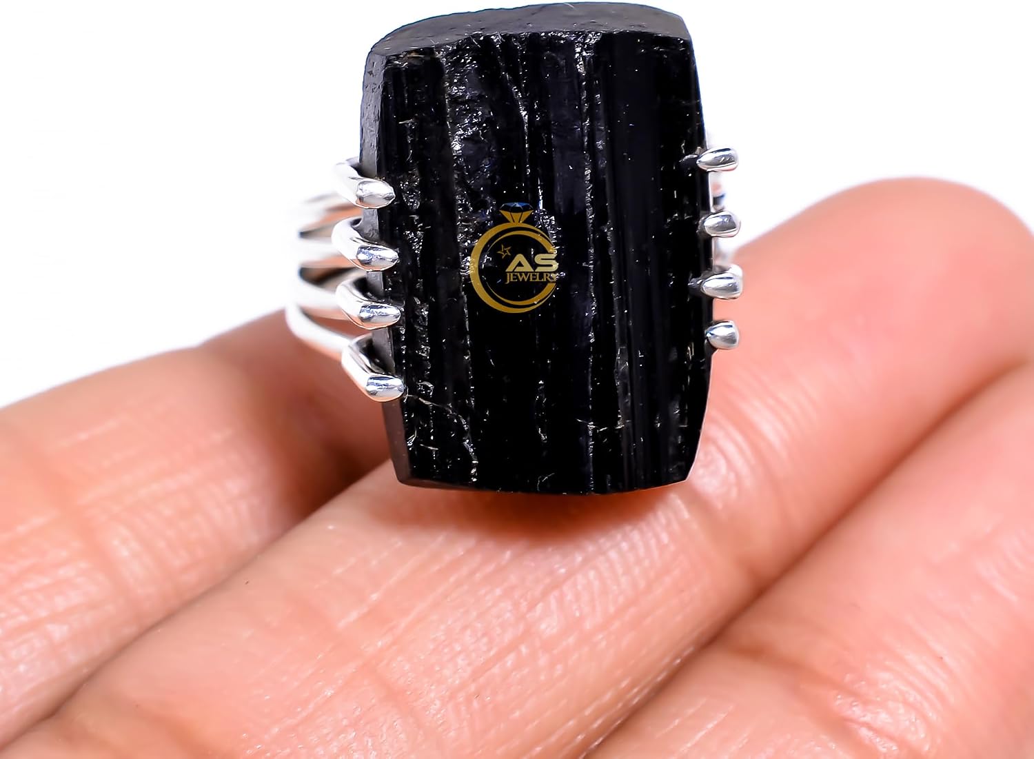 Natural Raw Black Tourmaline Gemstone 925 Sterling Silver Handmade Statement Large Stone Stacking Ring Jewelry Gift for Her