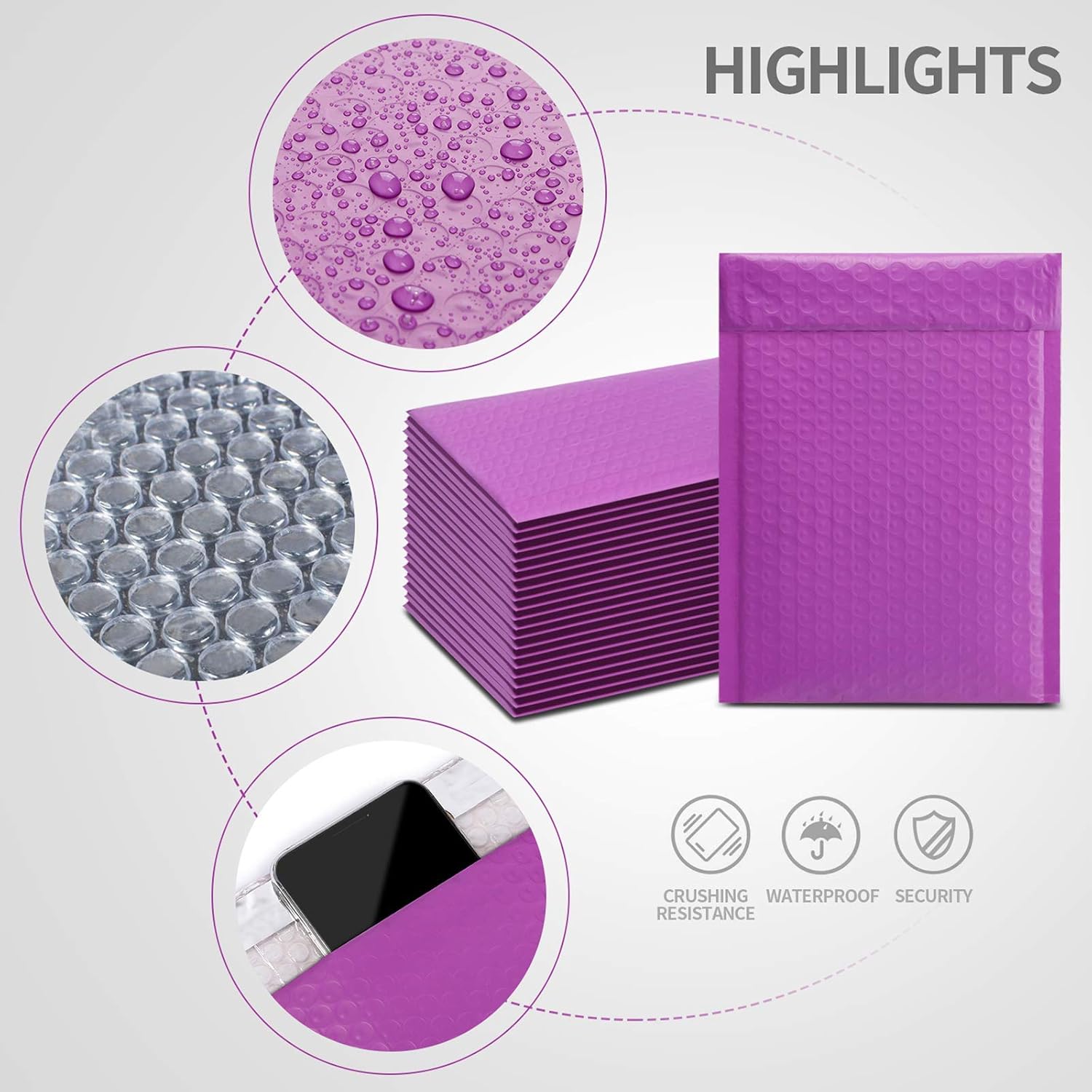 TOMVYTER 4x8 Bubble Mailers 50 pack, Small Padded Envelopes #000, Shipping Bags with Self Seal Padded Mailers for Small Business (Purple, Inside Size: 4x7")