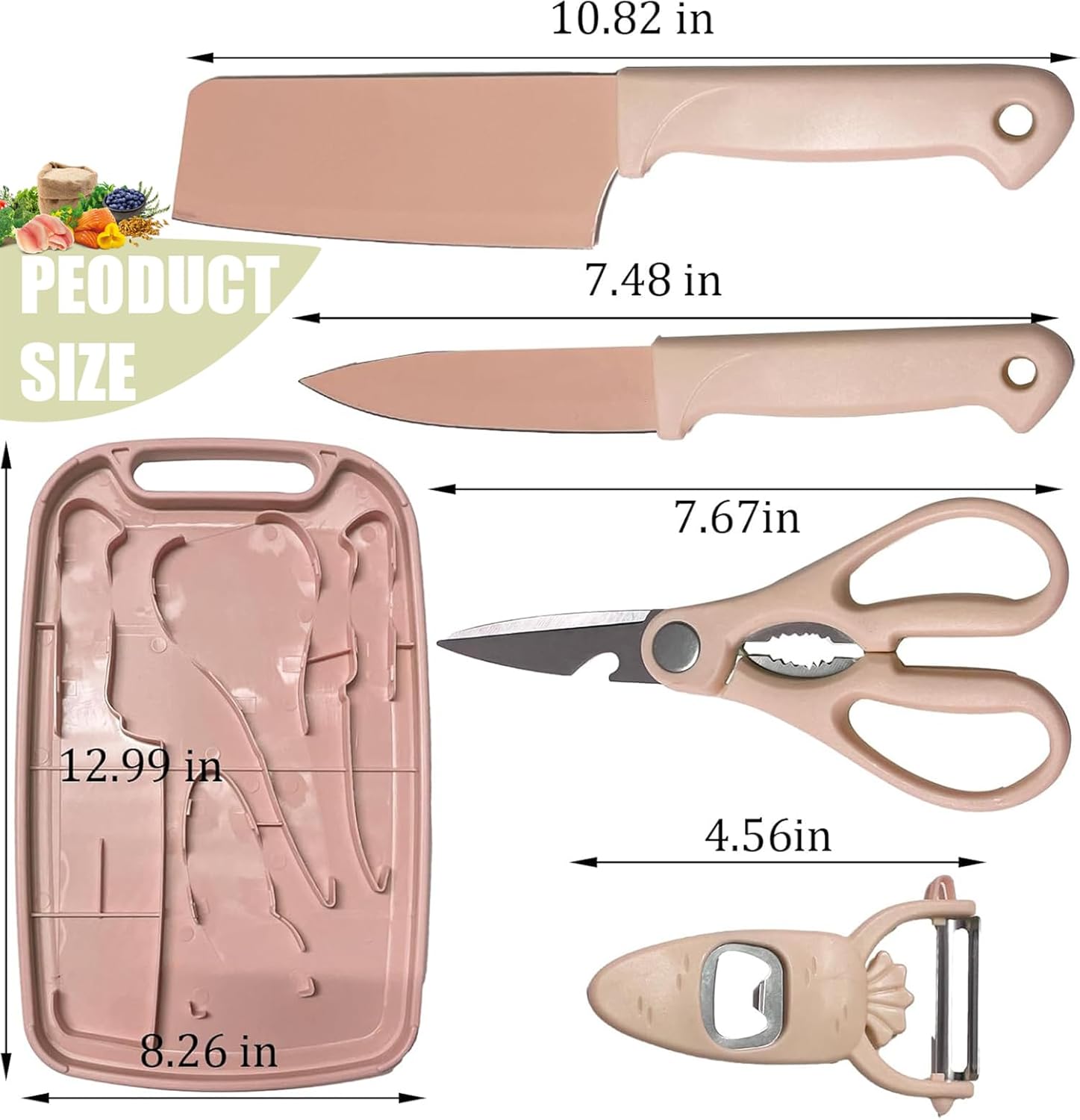 Cutting Board and Knife Set, 5 In1 Travel Cutting Boards And Knife Travel Cutting Board Kitchen Scissors and Peeler For Kitchen (Pink) - Image 2