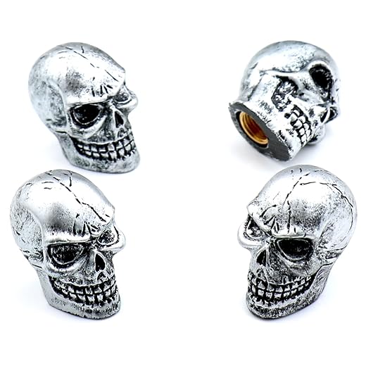 Bashineng Cars Tires Valve Stem Caps Cover Dustproof Cool Skull Head Fit Most Vehicle SUV Bike Trucks Motorcycles 4 Pcs/Set（Silver）