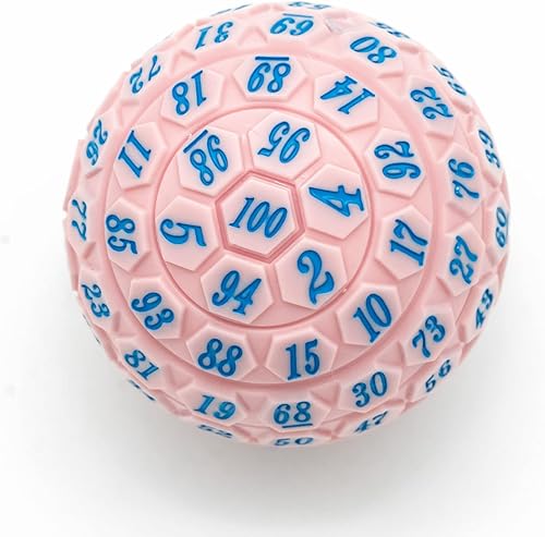Vista 4 de Dados poliédricos de 100 caras, dados de juego individuales D100, cubo de 100 lados con bolsa negra, dado D100 de 1.890 in (rosa con número azul)