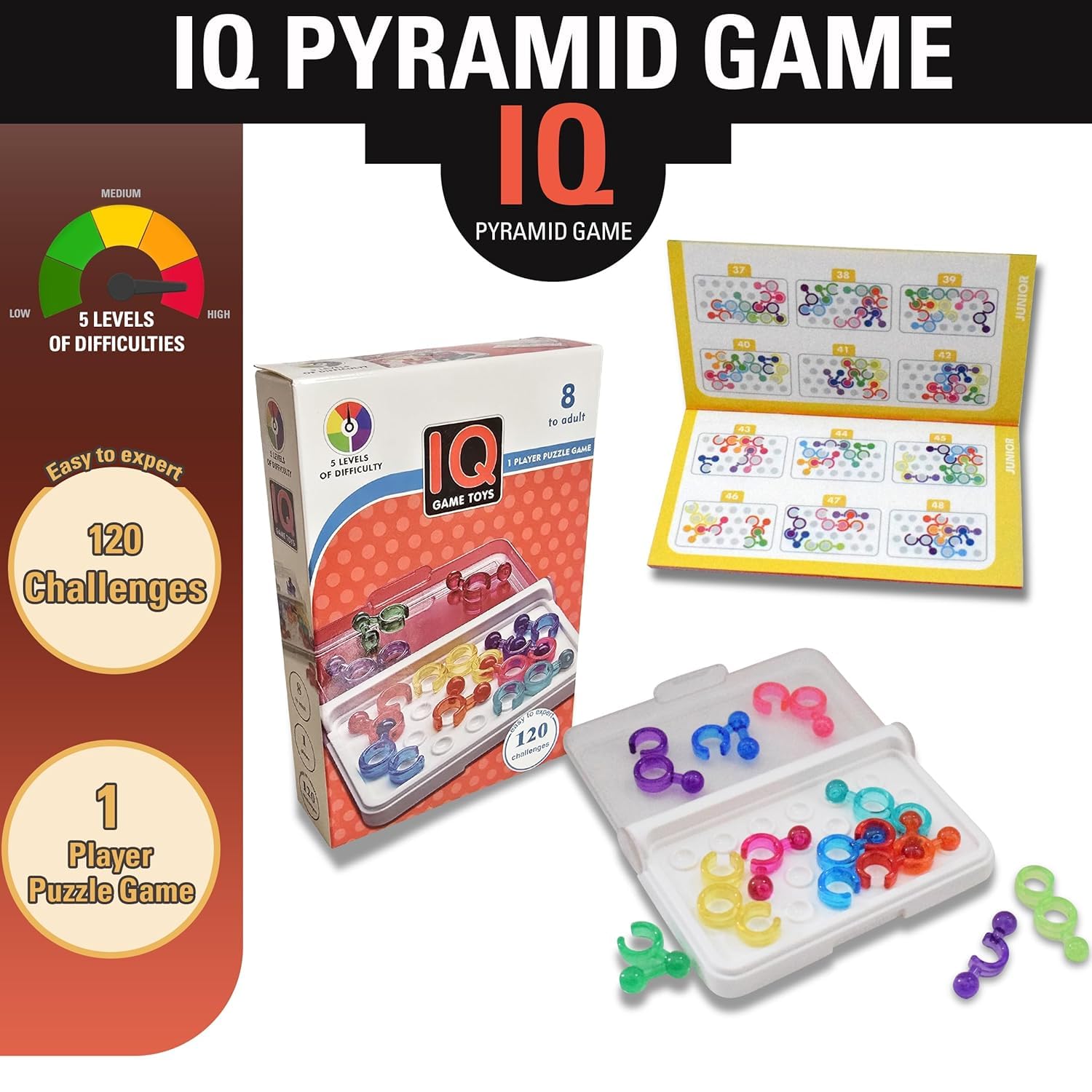 WireScorts IQ Pyramid Number Game, 120 Challenges, 5 Levels of Difficulty, 1-Player Puzzle Game for All Ages, Boosts IQ and Numerical Skills 1