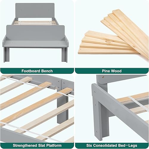 Miniatura 4 de Dolonm Marco de cama individual para niños con banco de estribo, gris, madera de pino, estilo moderno, no necesita somier