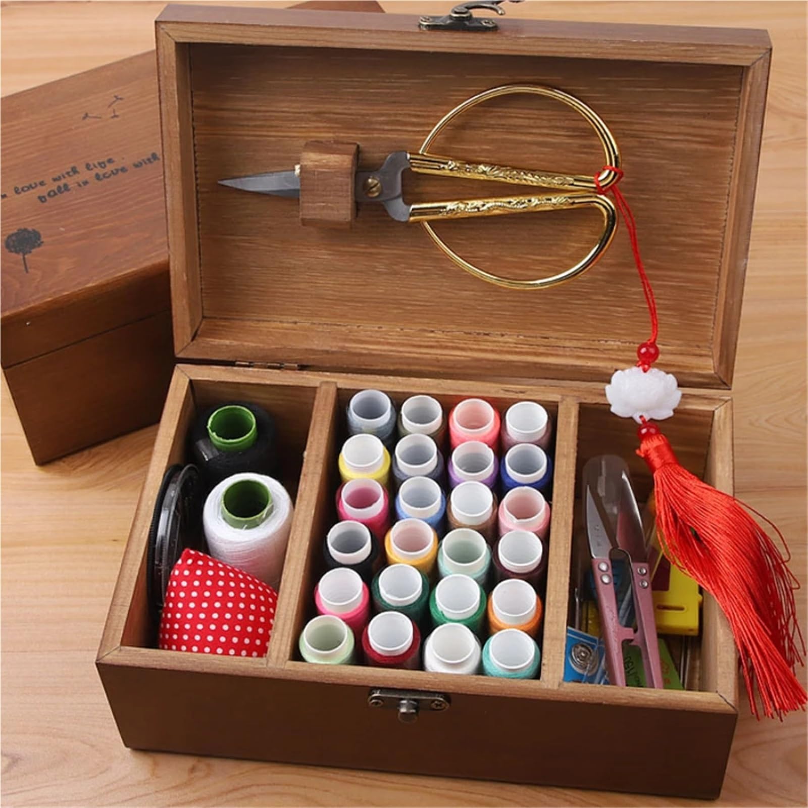 Multifunktionale Hause Nähen Box Kiefer Holz Haushalt Vintage Nadel Faden Lagerung Fall Organizer für Hause Reise Camping