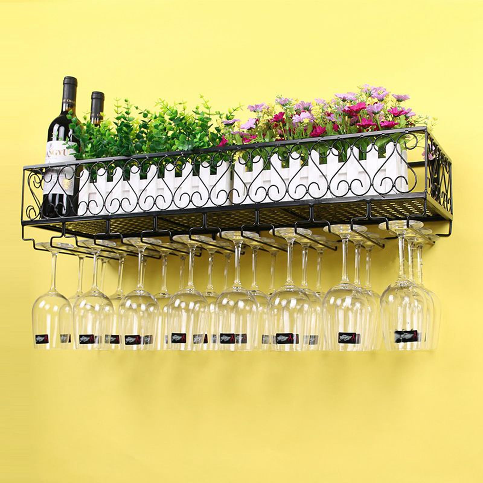 Casiers à vin muraux en métal noir avec support de verre pour bouteilles de bar et maison