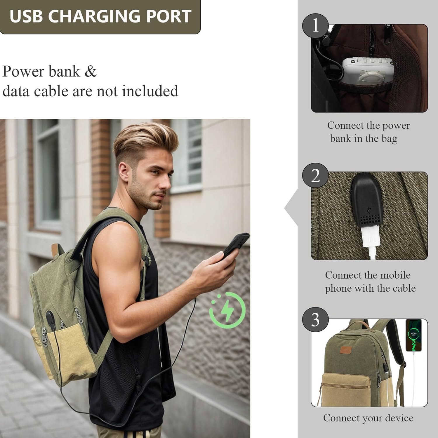 Waterproof Canvas Backpack, Laptop Backpack with USB Charging Port, Vintage Backpack for College Students, Casual Daypack for Men & Women, Travel Work Backpack Fits 15.6 Inch Laptop, Green-Brown - Image 5