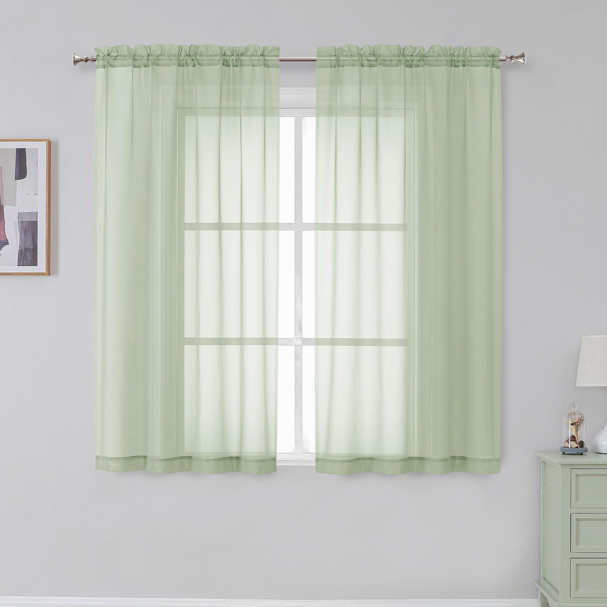 Simplebrand Light Green Rod Pocket Sheer Curtains 54 Inch Length 2 Panels